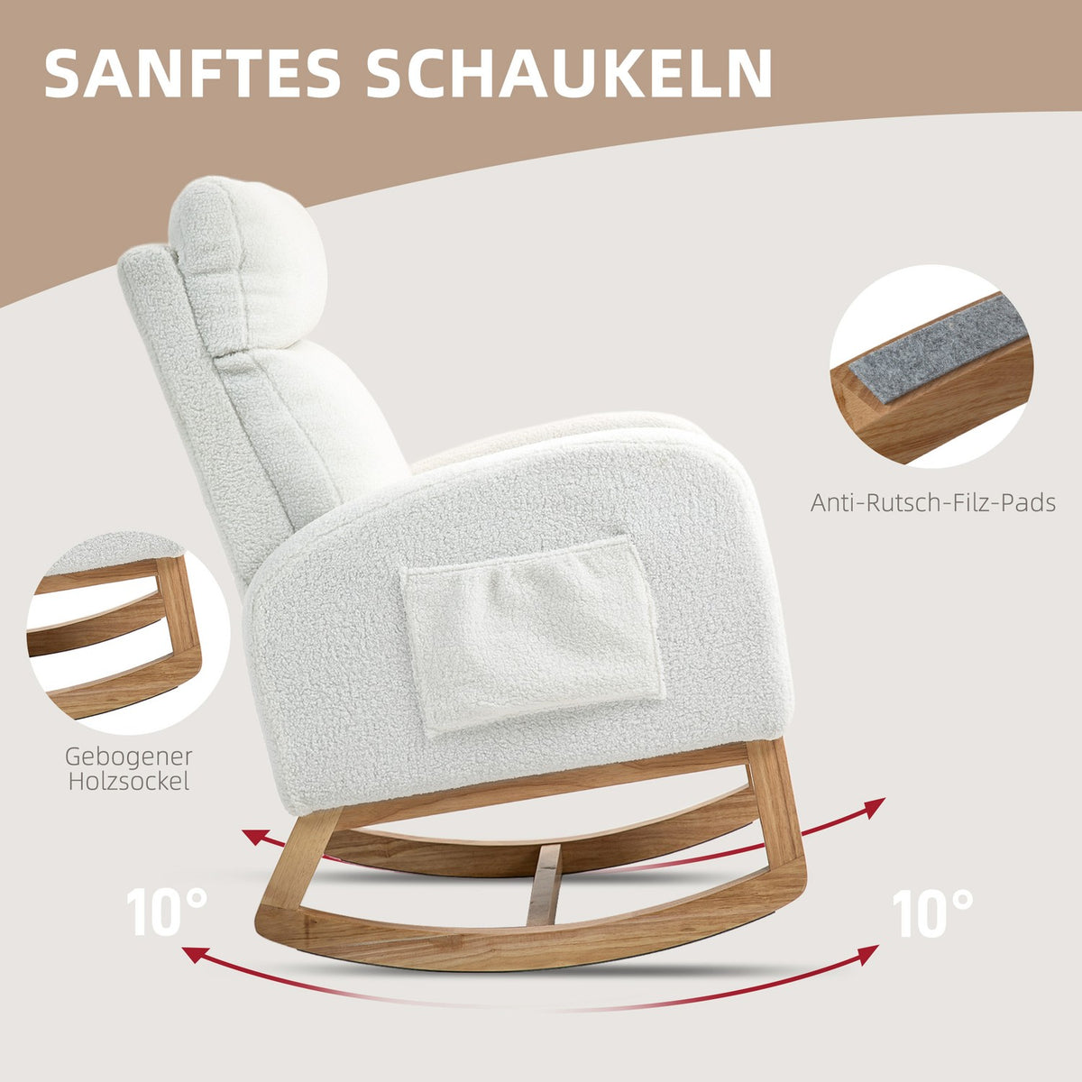 Rocking chair, swing chair, armchair, nursing chair with velvet look, rocking chair can hold up to 120 kg, for bedroom, living room, cream white