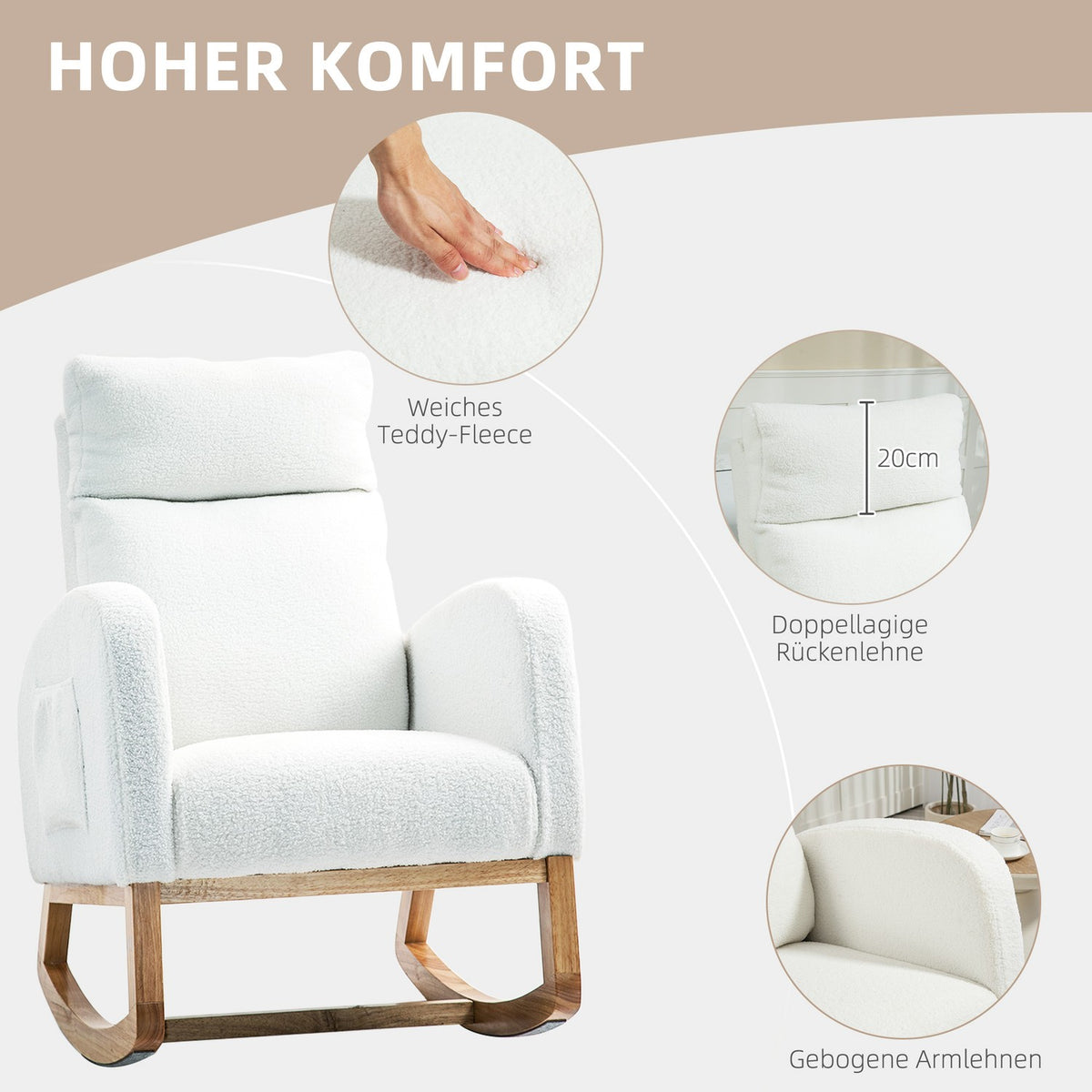 Rocking chair, swing chair, armchair, nursing chair with velvet look, rocking chair can hold up to 120 kg, for bedroom, living room, cream white