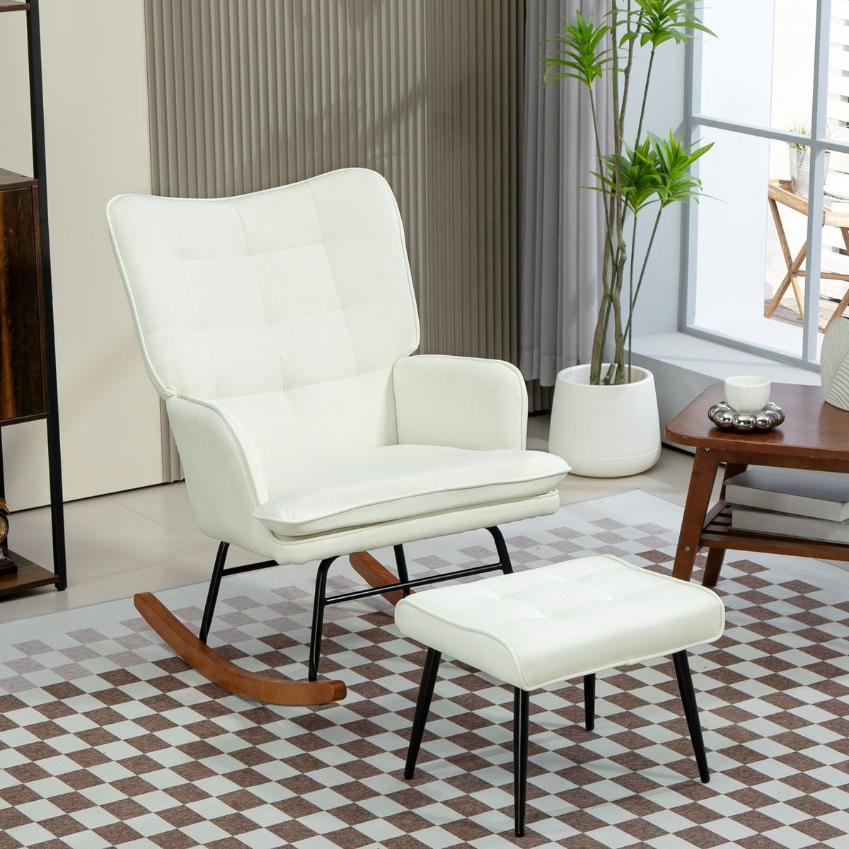Rocking chair, up to 130 kg, swing chair with stool, armchair, nursing chair with linen look, rocking chair for bedroom