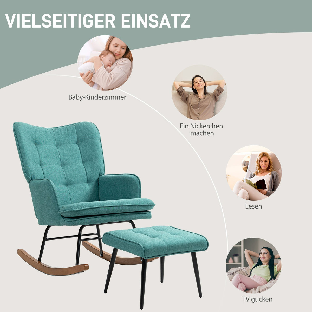 Rocking chair, up to 130 kg, swing chair with stool, armchair, nursing chair with linen look, rocking chair for bedroom
