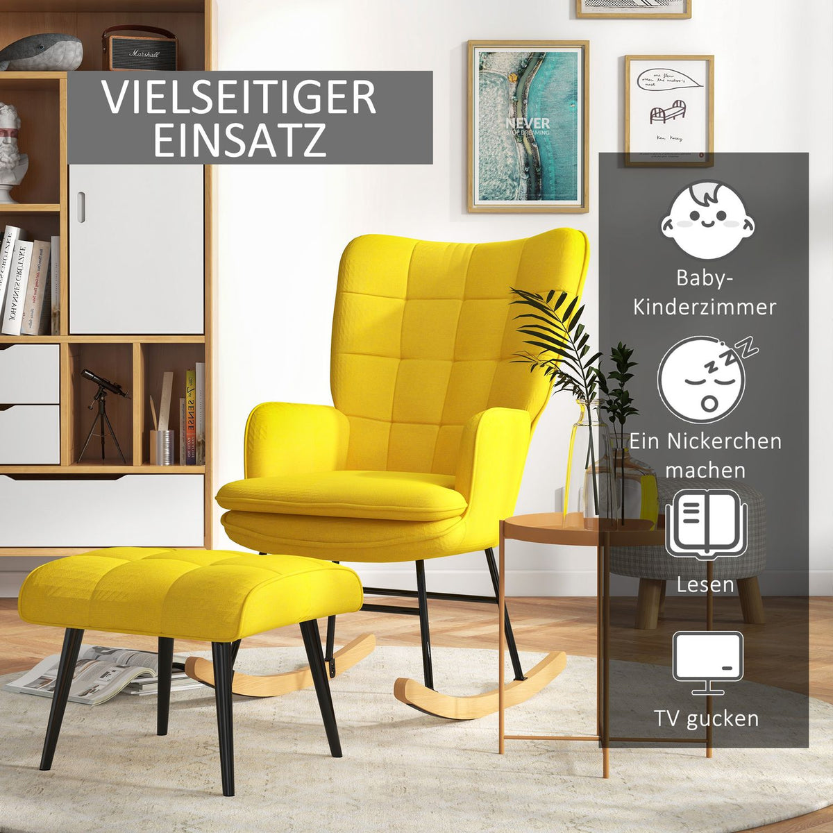 Rocking chair with stool, armchair, relaxation chair with linen look, rocking chair with a load capacity of up to 130 kg, beige
