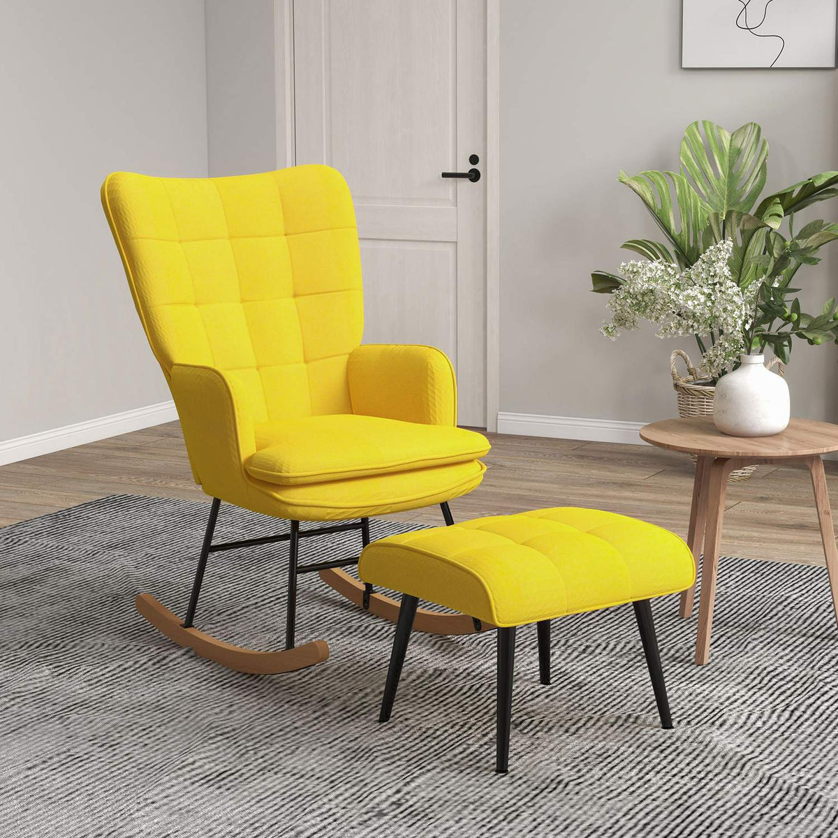 Rocking chair with stool, armchair, relaxation chair with linen look, rocking chair with a load capacity of up to 130 kg, beige