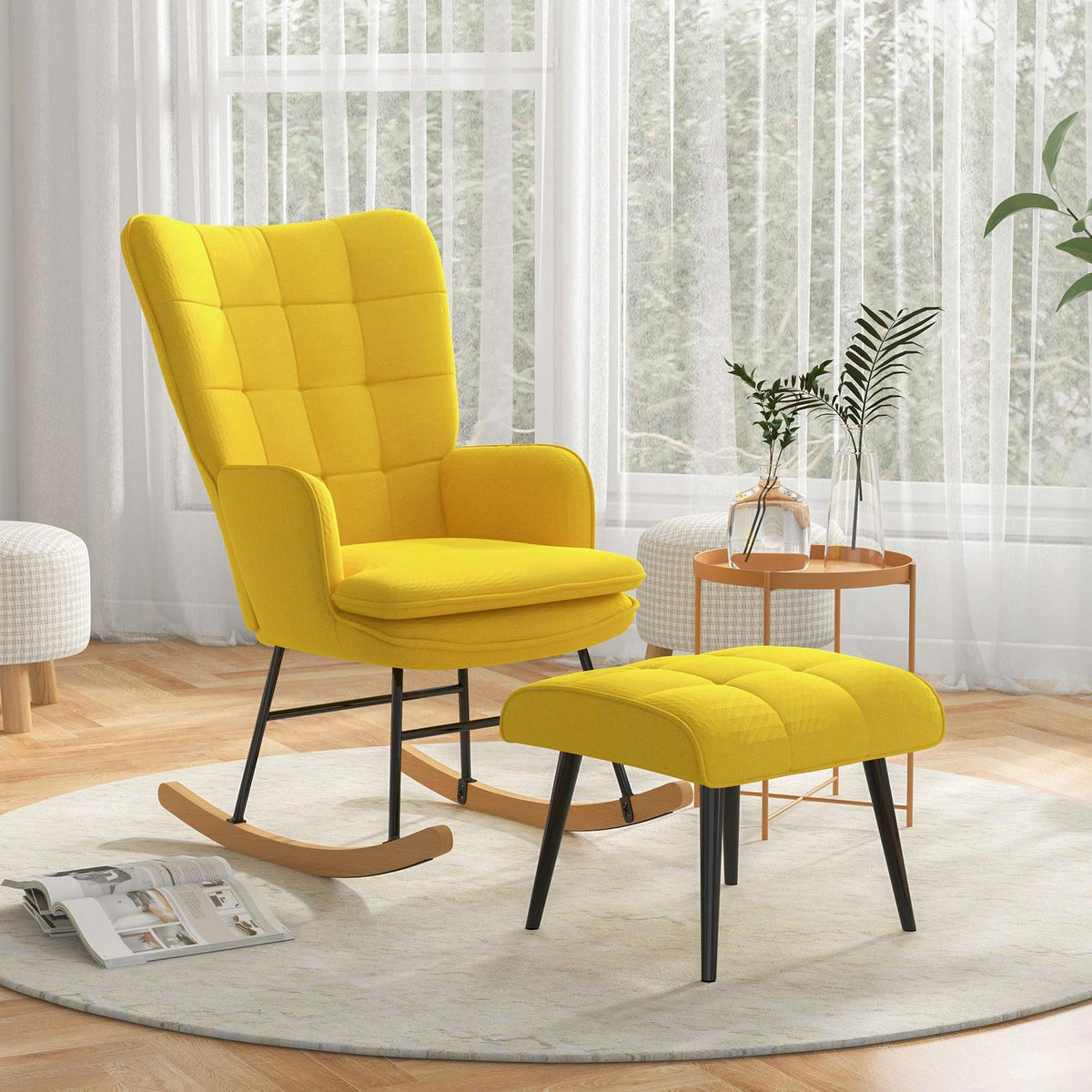 Rocking chair with stool, armchair, relaxation chair with linen look, rocking chair with a load capacity of up to 130 kg, beige
