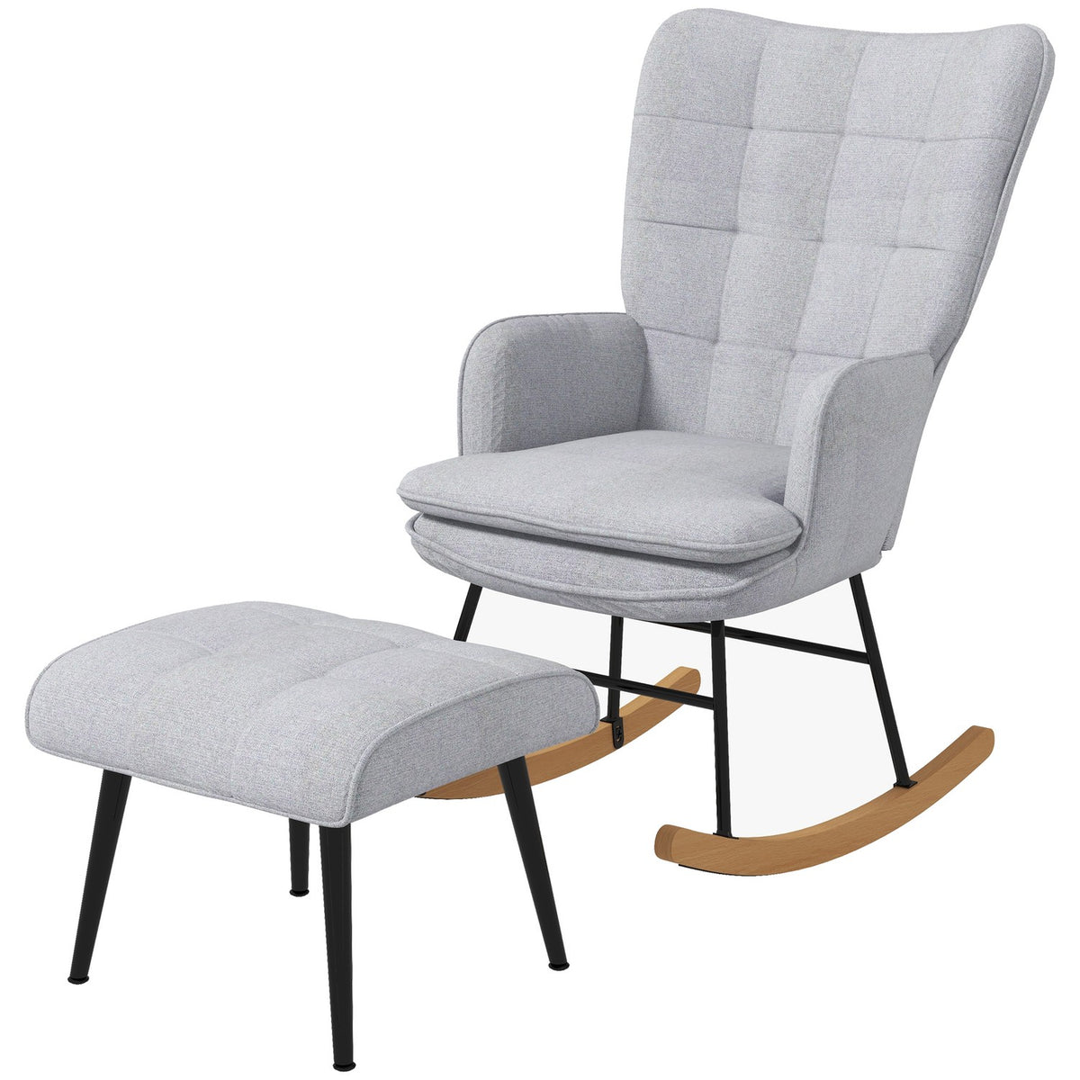 Rocking chair with stool, armchair, relaxation chair with linen look, rocking chair with a load capacity of up to 130 kg, light grey