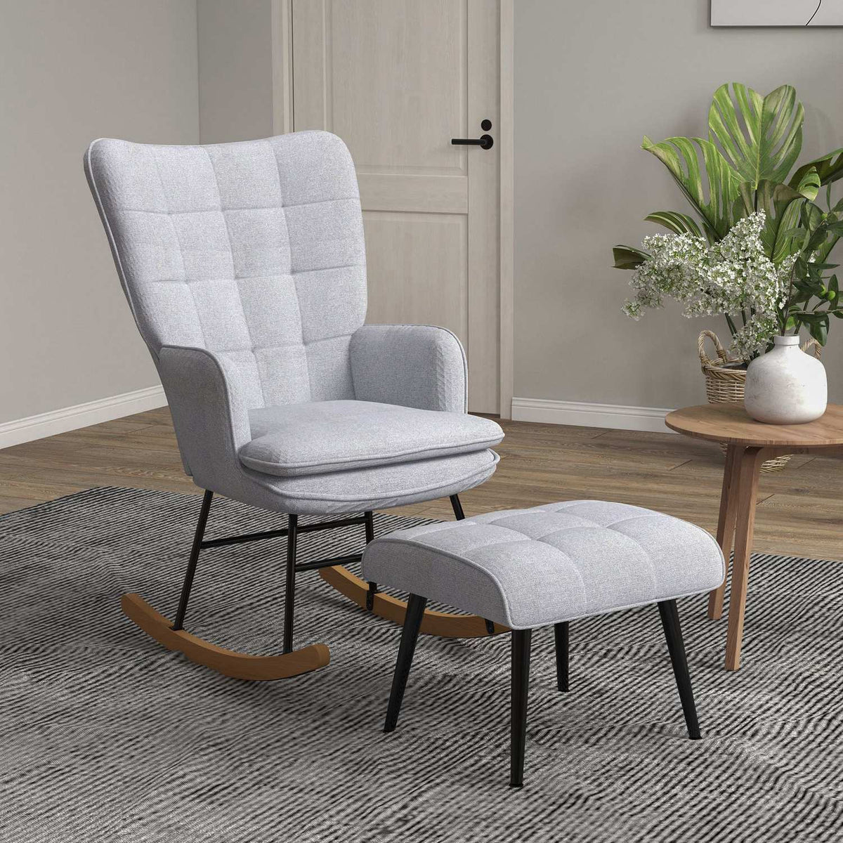 Rocking chair with stool, armchair, relaxation chair with linen look, rocking chair with a load capacity of up to 130 kg, light grey