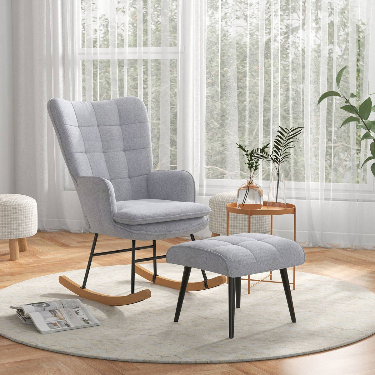 Rocking chair with stool, armchair, relaxation chair with linen look, rocking chair with a load capacity of up to 130 kg, light grey