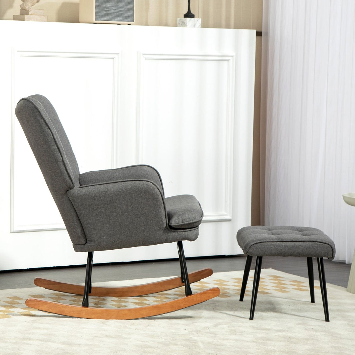 Rocking chair with stool, can hold up to 130 kg, swing chair, armchair, relaxation chair with linen look, rocking chair