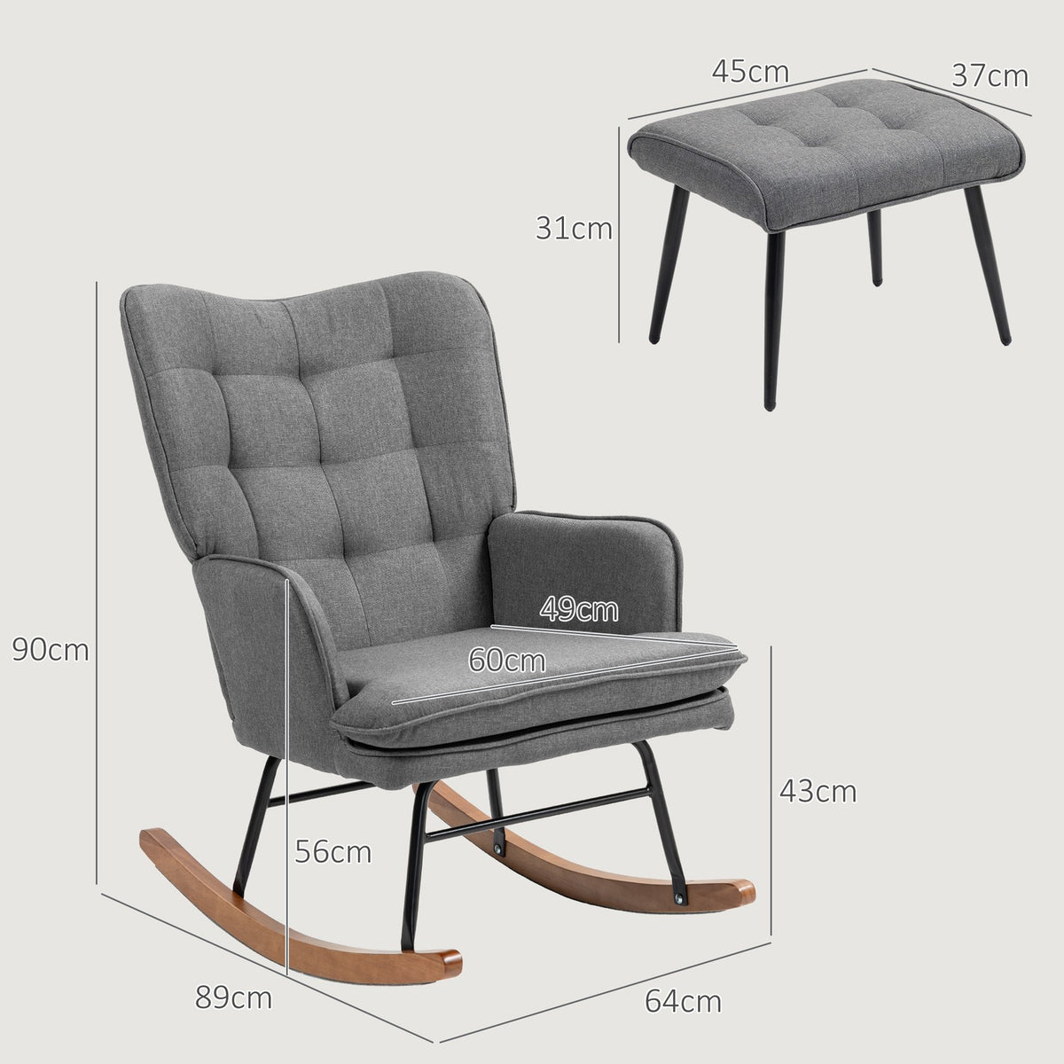 Rocking chair with stool, can hold up to 130 kg, swing chair, armchair, relaxation chair with linen look, rocking chair