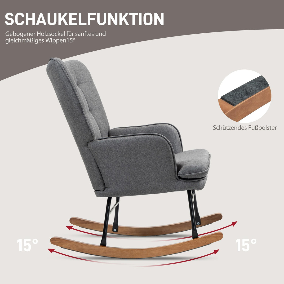 Rocking chair with stool, can hold up to 130 kg, swing chair, armchair, relaxation chair with linen look, rocking chair