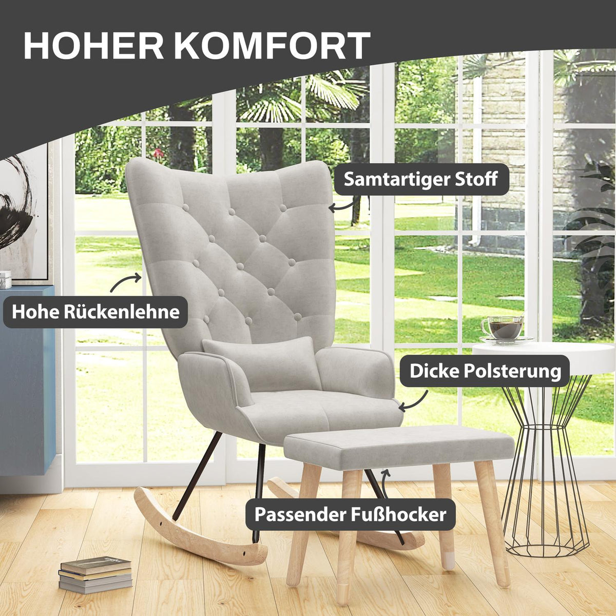 Rocking chair with stool, relaxation chair with cushion, velvet look, wing chair with wooden legs for bedroom, living room, 66 x 96 x 101 cm, cream white