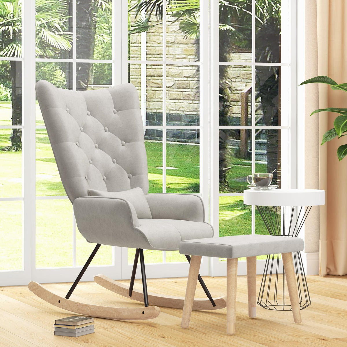 Rocking chair with stool, relaxation chair with cushion, velvet look, wing chair with wooden legs for bedroom, living room, 66 x 96 x 101 cm, cream white