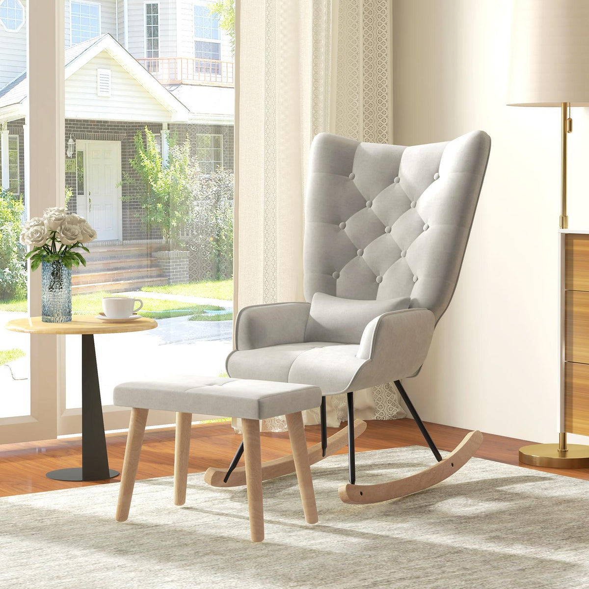 Rocking chair with stool, relaxation chair with cushion, velvet look, wing chair with wooden legs for bedroom, living room, 66 x 96 x 101 cm, cream white