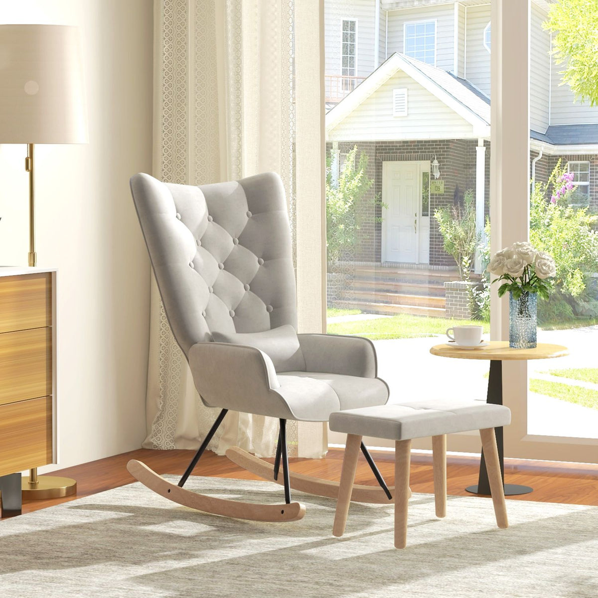 Rocking chair with stool, relaxation chair with cushion, velvet look, wing chair with wooden legs for bedroom, living room, 66 x 96 x 101 cm, cream white