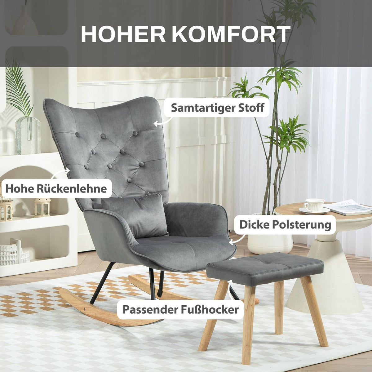 Rocking chair with stool, relaxation chair with cushion, velvet look, wing chair with wooden legs for bedroom, living room, 66 x 96 x 101 cm, dark gray