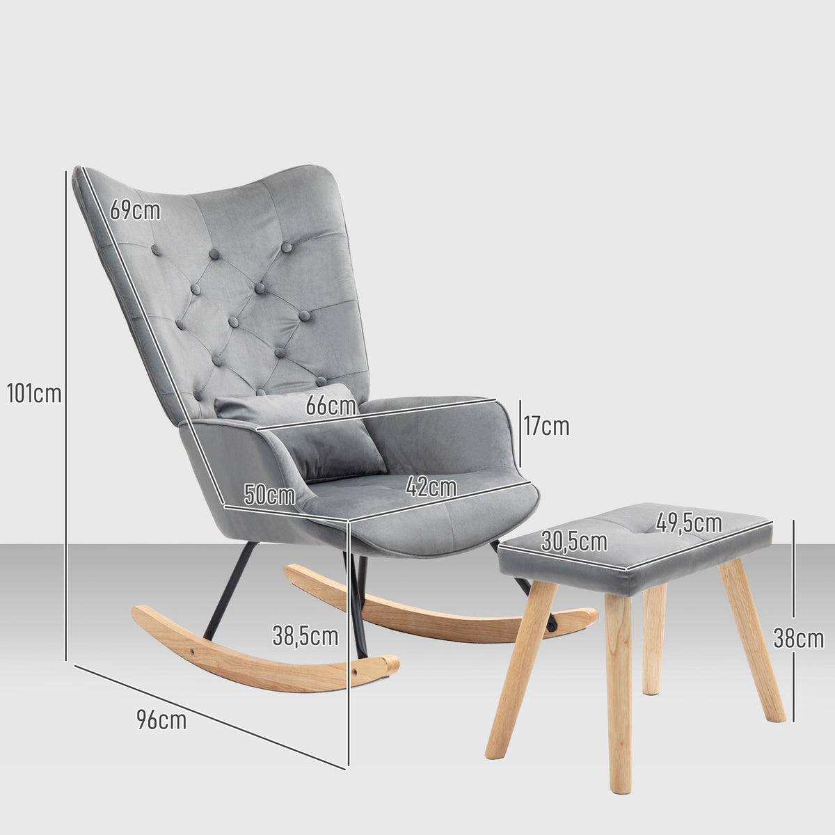 Rocking chair with stool, relaxation chair with cushion, velvet look, wing chair with wooden legs for bedroom, living room, 66 x 96 x 101 cm, dark gray