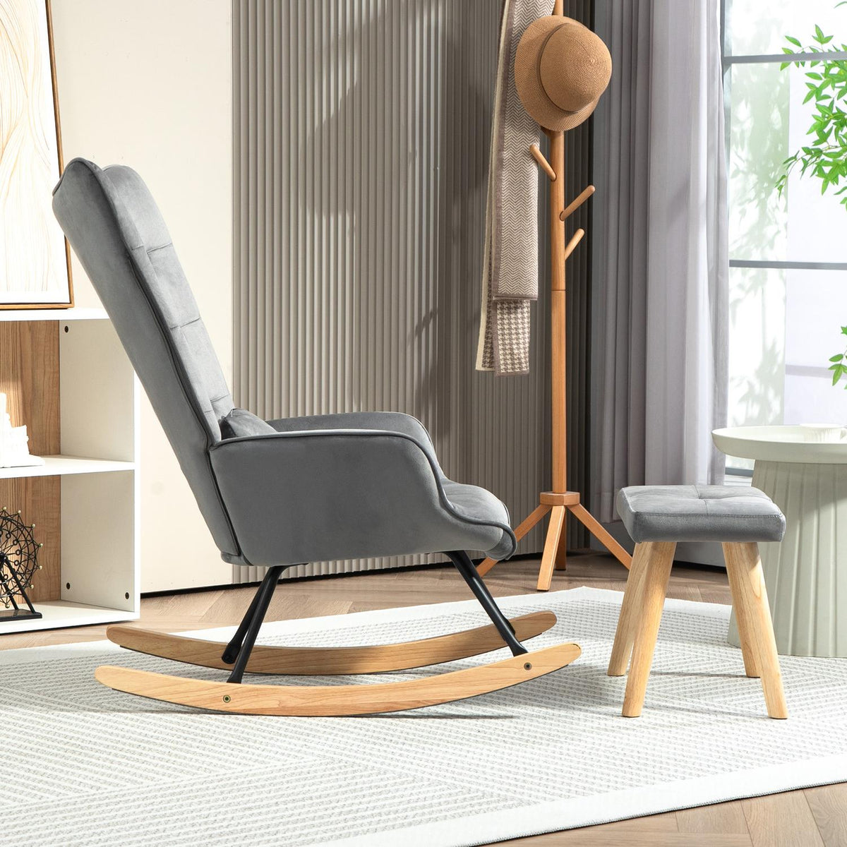 Rocking chair with stool, relaxation chair with cushion, velvet look, wing chair with wooden legs for bedroom, living room, 66 x 96 x 101 cm, dark gray