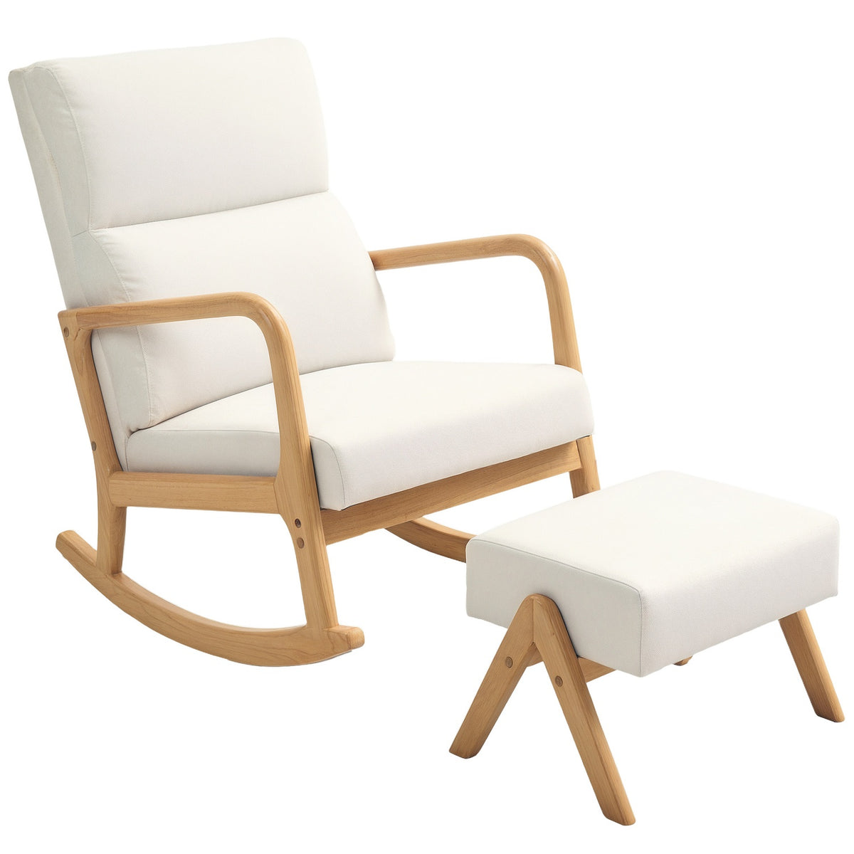 Rocking chair with stool, relaxation chair with linen look, rocking chair with wooden legs, swing chair for bedroom, living room, load capacity up to 150 kg, cream white