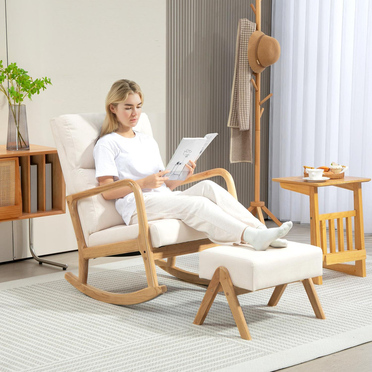 Rocking chair with stool, relaxation chair with linen look, rocking chair with wooden legs, swing chair for bedroom, living room, load capacity up to 150 kg, cream white