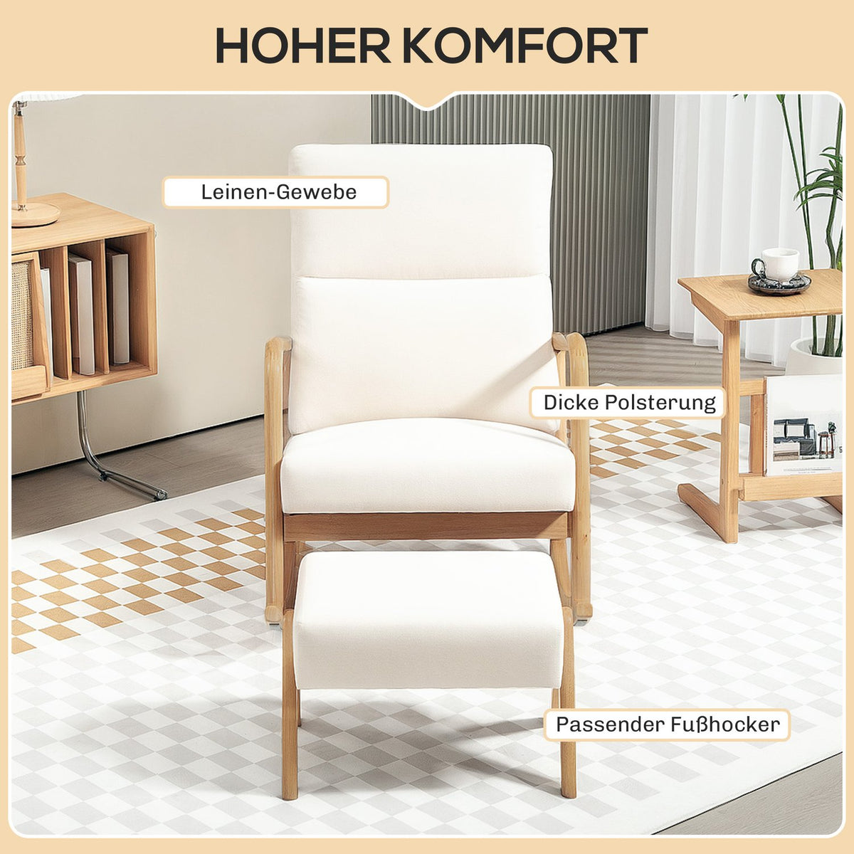 Rocking chair with stool, relaxation chair with linen look, rocking chair with wooden legs, swing chair for bedroom, living room, load capacity up to 150 kg, cream white