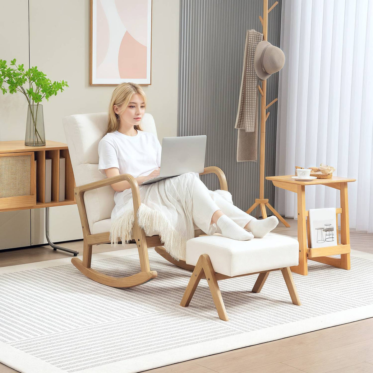 Rocking chair with stool, relaxation chair with linen look, rocking chair with wooden legs, swing chair for bedroom, living room, load capacity up to 150 kg, cream white