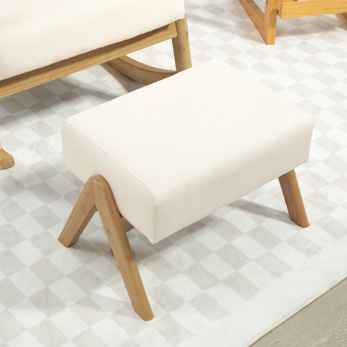 Rocking chair with stool, relaxation chair with linen look, rocking chair with wooden legs, swing chair for bedroom, living room, load capacity up to 150 kg, cream white