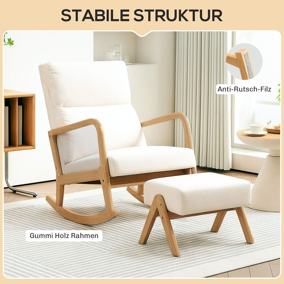 Rocking chair with stool, relaxation chair with linen look, rocking chair with wooden legs, swing chair for bedroom, living room, load capacity up to 150 kg, cream white