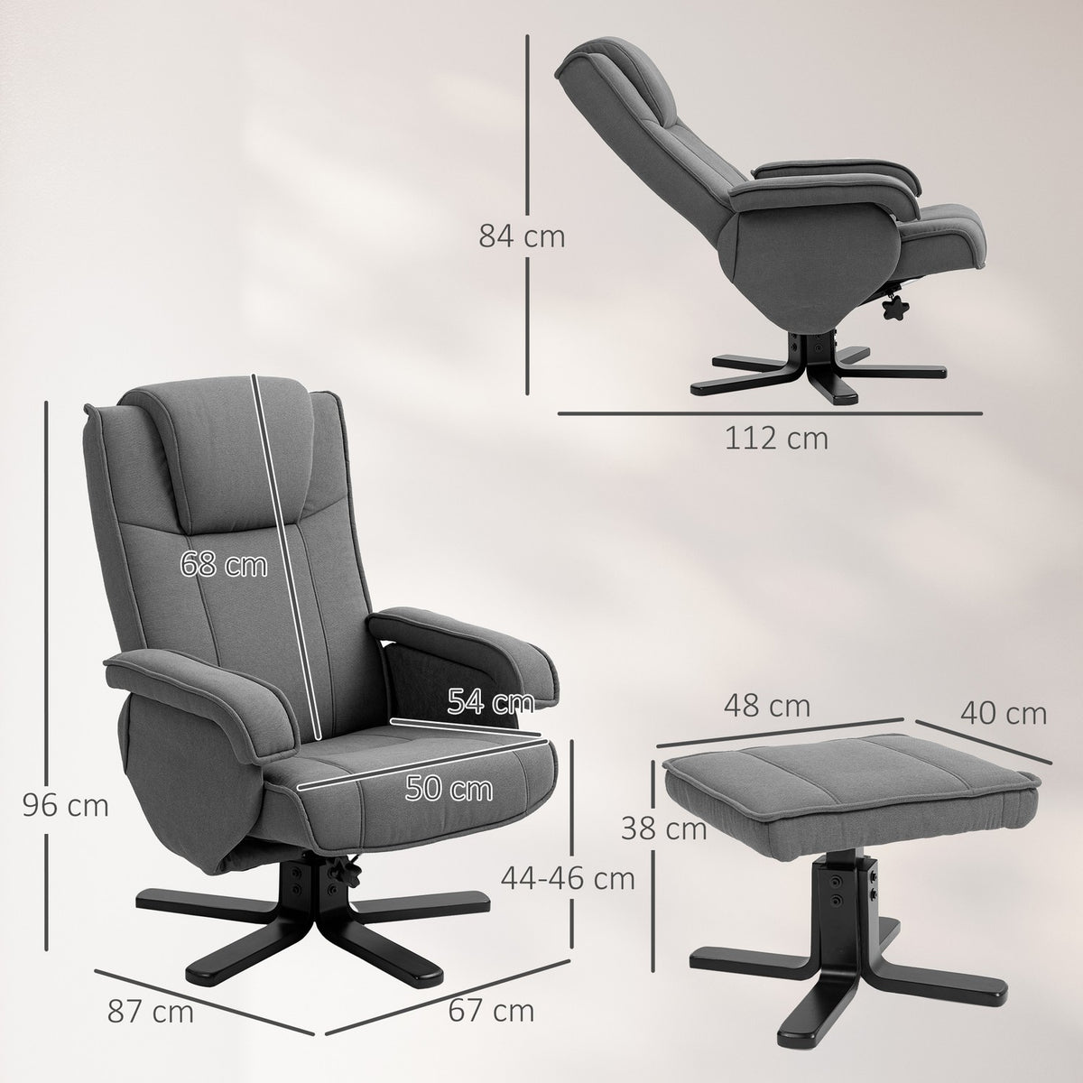 Rocking recliner chair with footstool, velvet-look fabric cover, swivel upholstered chair, wooden frame, grey