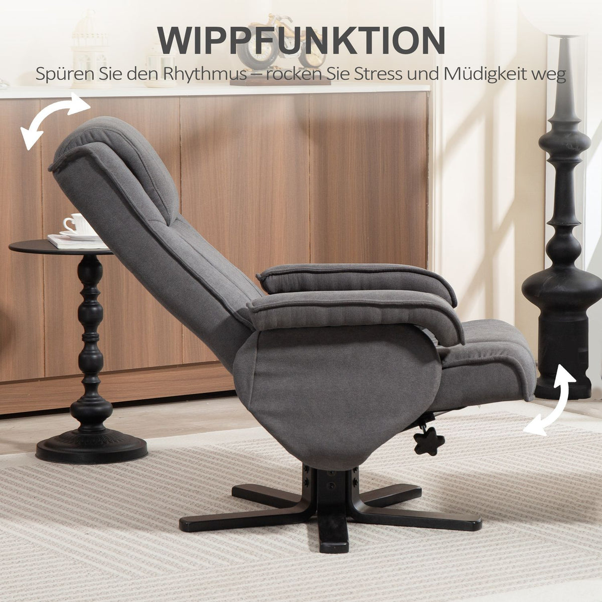 Rocking recliner chair with footstool, velvet-look fabric cover, swivel upholstered chair, wooden frame, grey