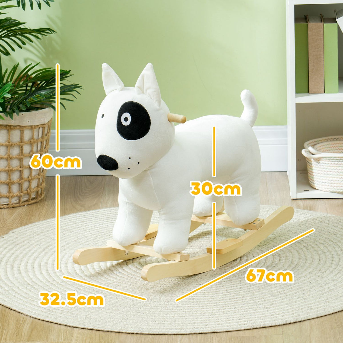 Rocking toy rocking dogs with sound function, wooden legs and handles, baby rocking toy with plush look, for 2-4 years children, white