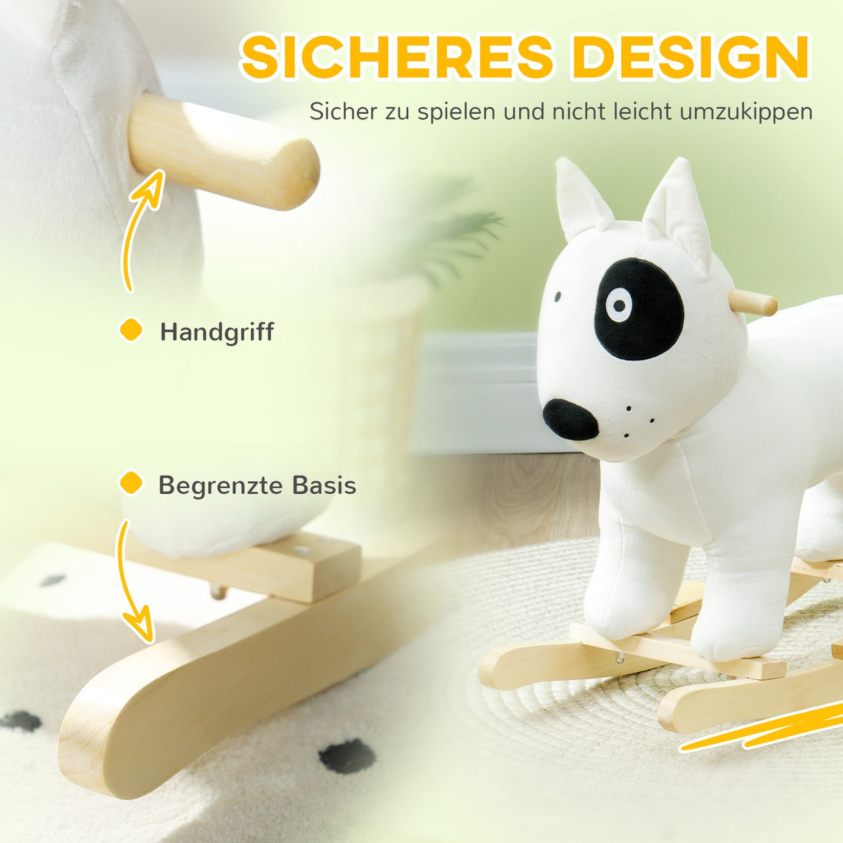 Rocking toy rocking dogs with sound function, wooden legs and handles, baby rocking toy with plush look, for 2-4 years children, white