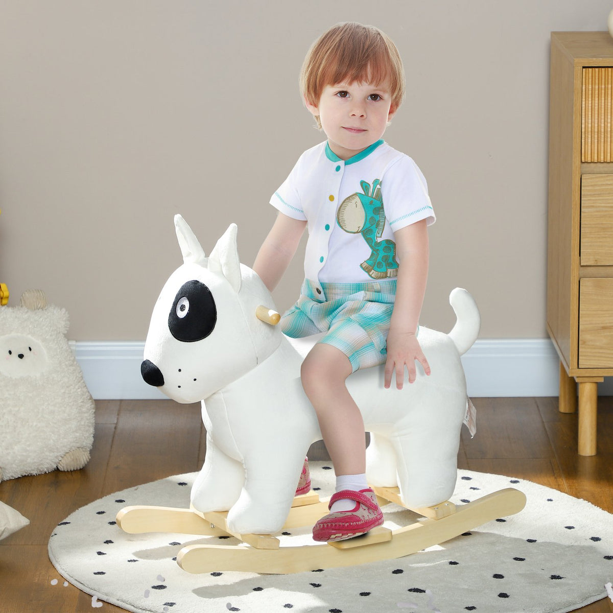 Rocking toy rocking dogs with sound function, wooden legs and handles, baby rocking toy with plush look, for 2-4 years children, white