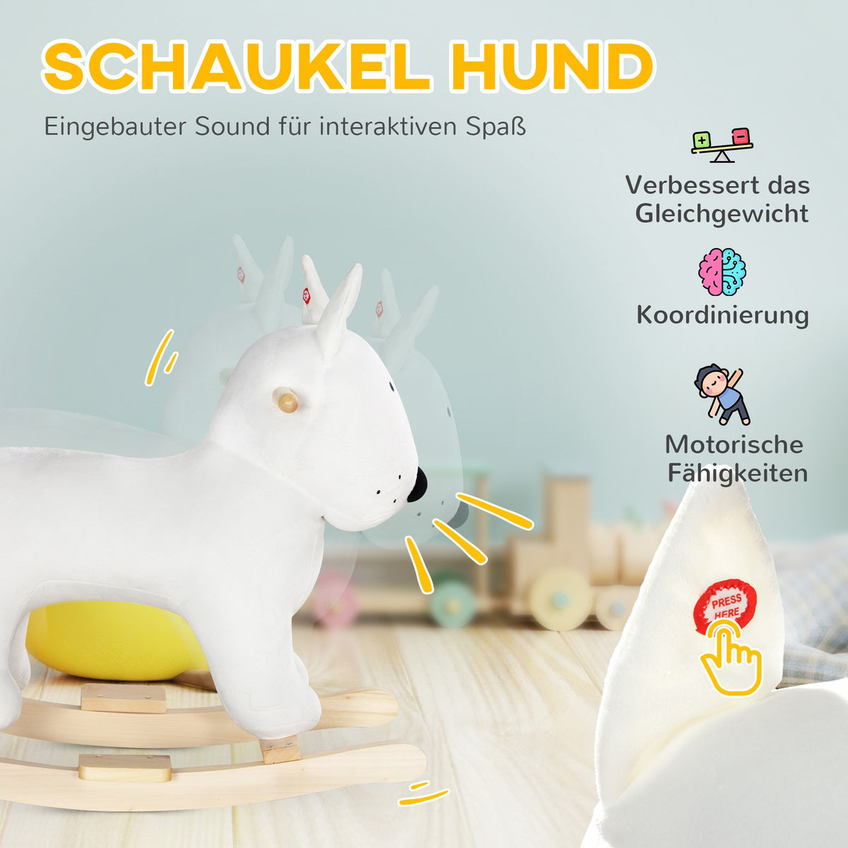 Rocking toy rocking dogs with sound function, wooden legs and handles, baby rocking toy with plush look, for 2-4 years children, white