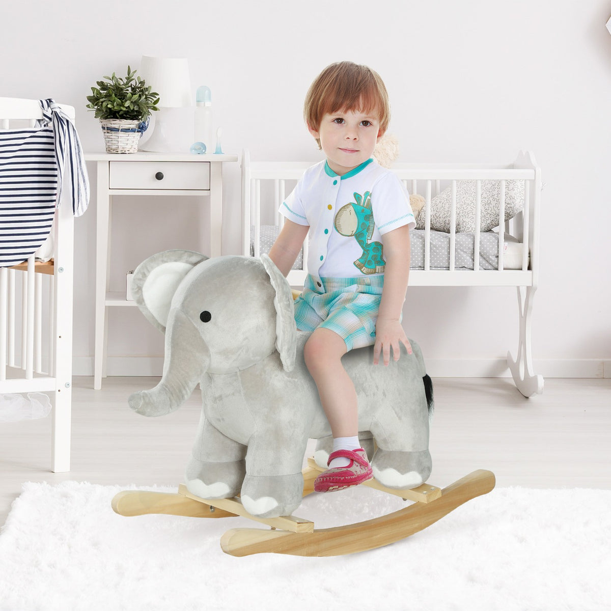 Rocking toy rocking elephant with sound function and handles, baby rocking toy with plush look, for 2-4 years children, gray