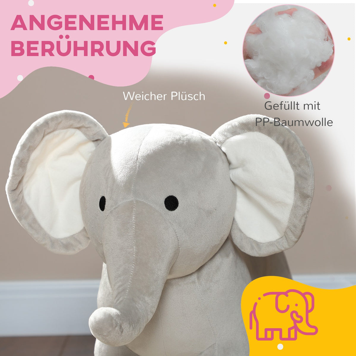 Rocking toy rocking elephant with sound function and handles, baby rocking toy with plush look, for 2-4 years children, gray