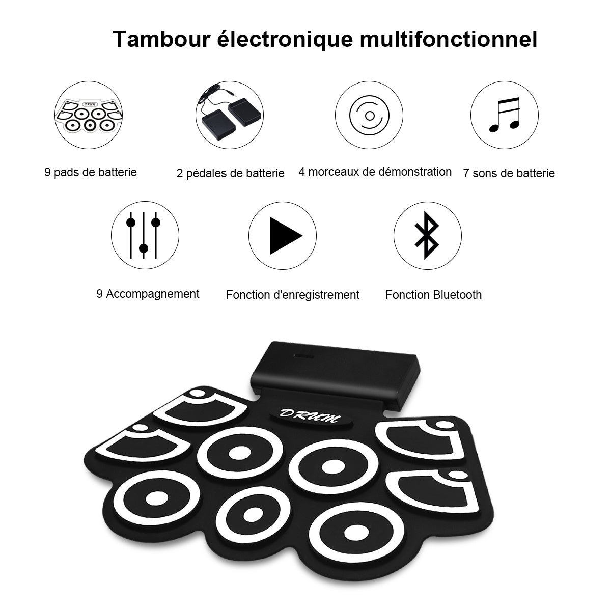 Roll-Up Electronic Drum Pad, USB MIDI, Bluetooth, Headphone Jack