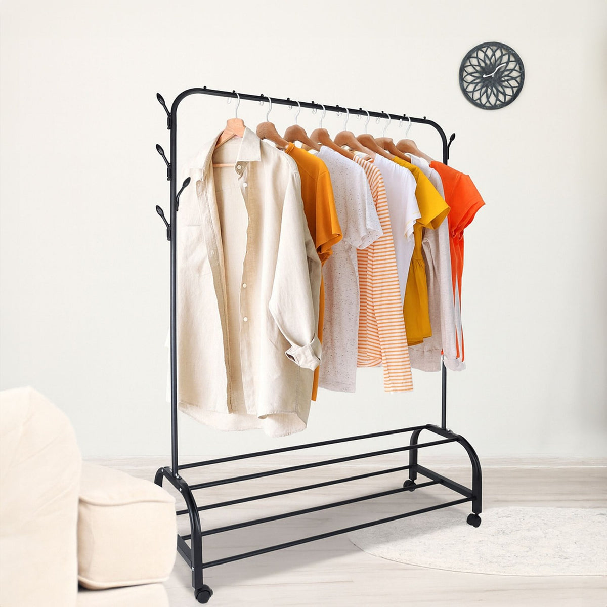 Rollable Iron Clothing Rack with 2 Shelves