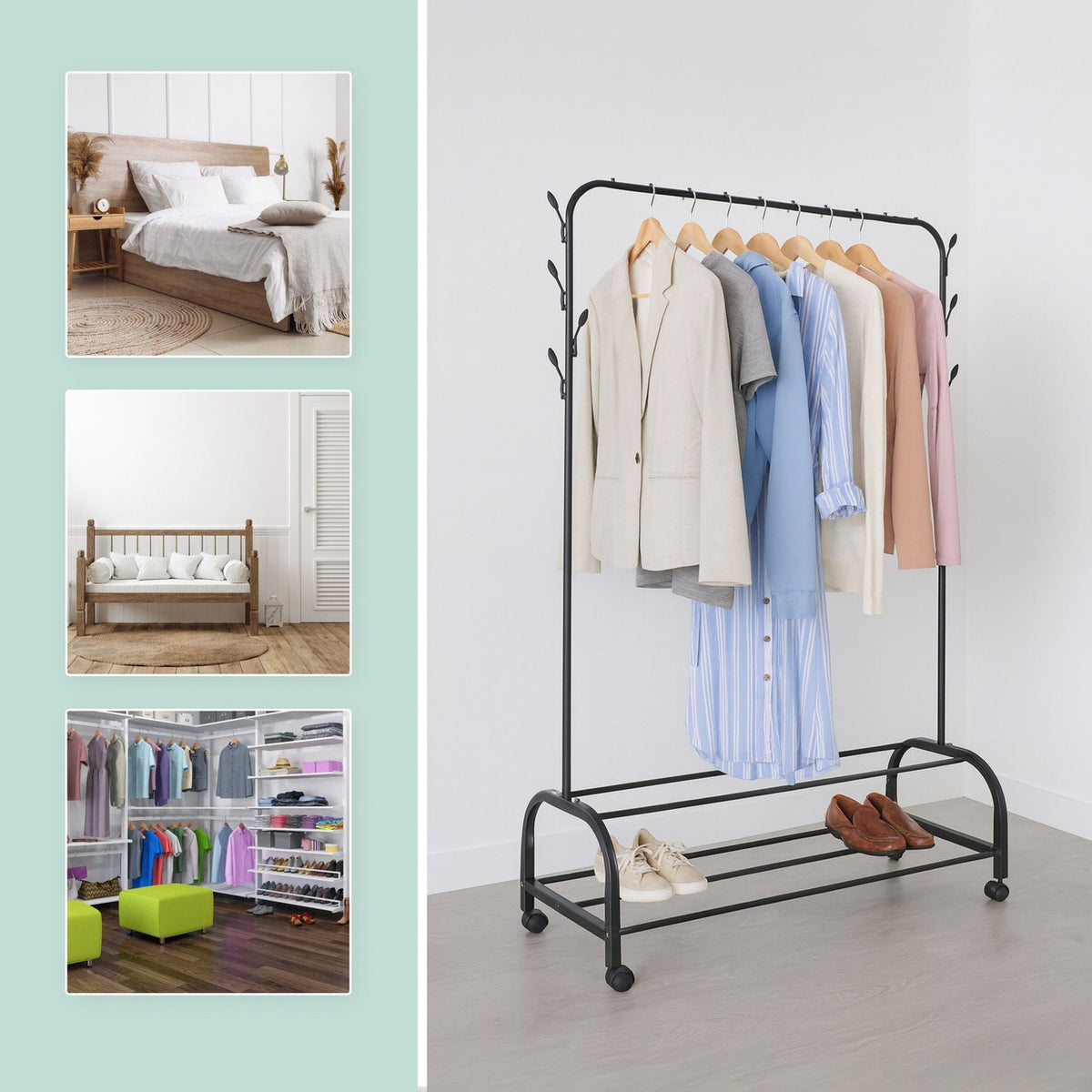 Rollable Iron Clothing Rack with 2 Shelves