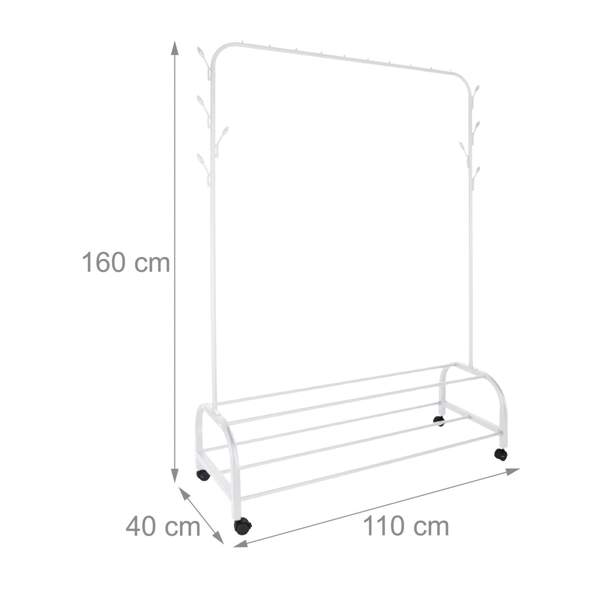 Rollable Iron Clothing Rack with 2 Shelves and Hooks