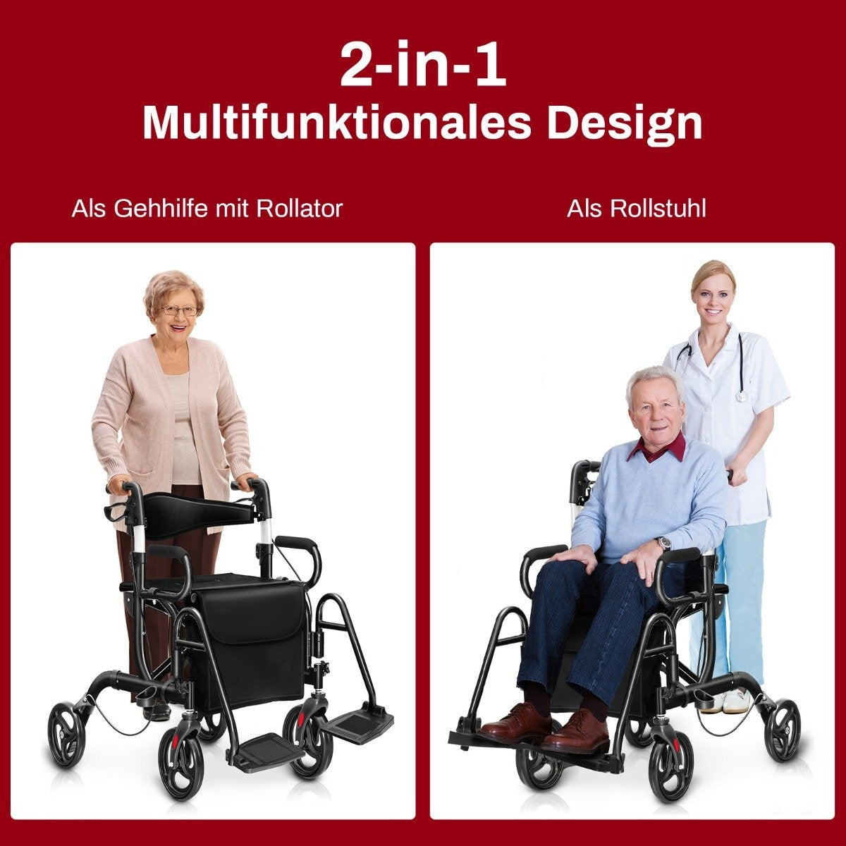 Rollator foldable and lightweight with seat 2 in 1 wheelchair & travel rollator walking aid 6-way height adjustable