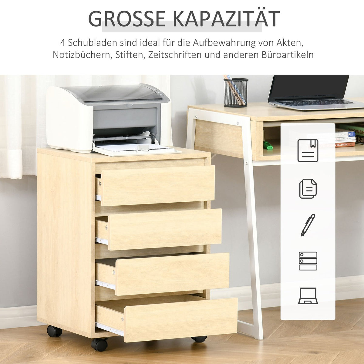 Roll container filing cabinet office cabinet with 4 drawers storage cabinet storage container natural 46 x 40 x 65 cm