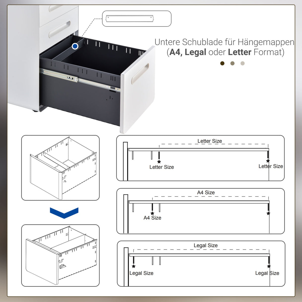Roll container filing cabinet office container with 3 drawers, steel, white, 39x48x59cm