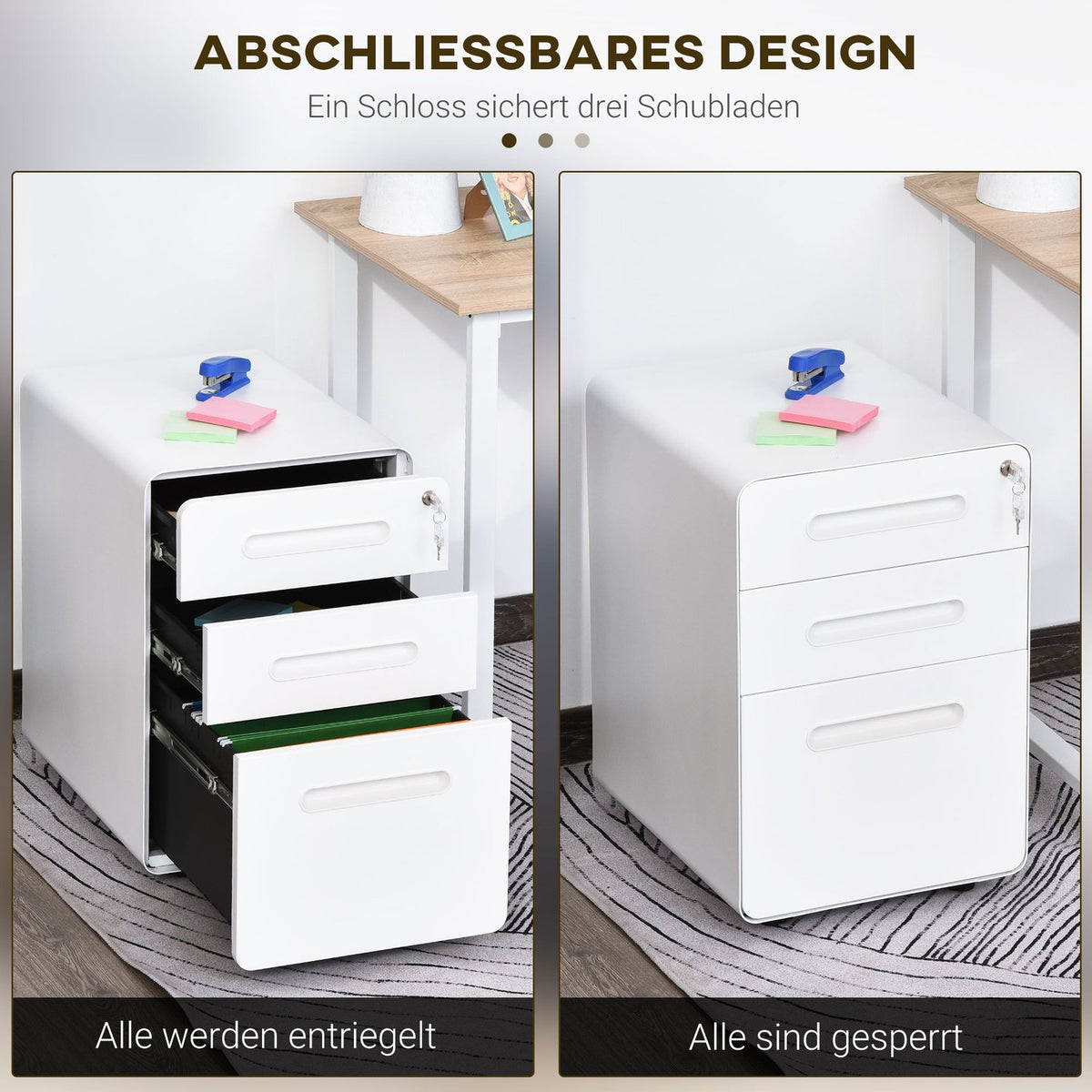 Roll container filing cabinet office container with 3 drawers, steel, white, 39x48x59cm