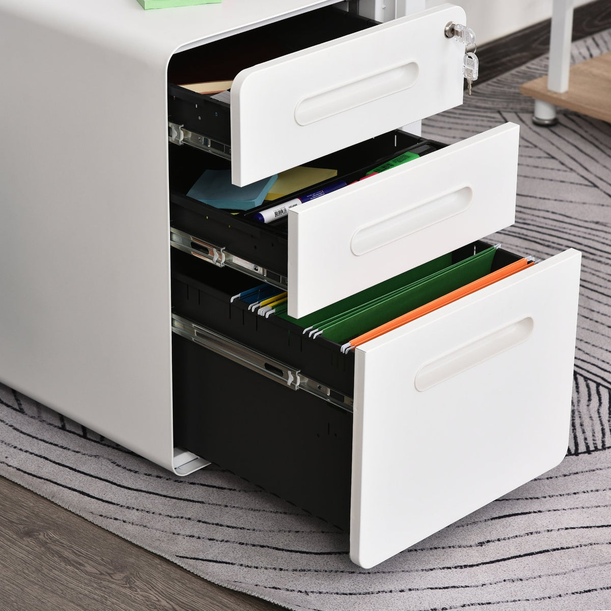 Roll container filing cabinet office container with 3 drawers, steel, white, 39x48x59cm