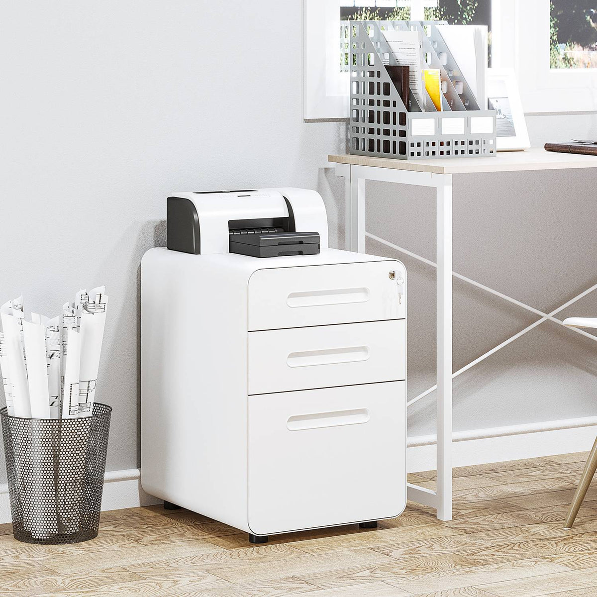 Roll container filing cabinet office container with 3 drawers, steel, white, 39x48x59cm