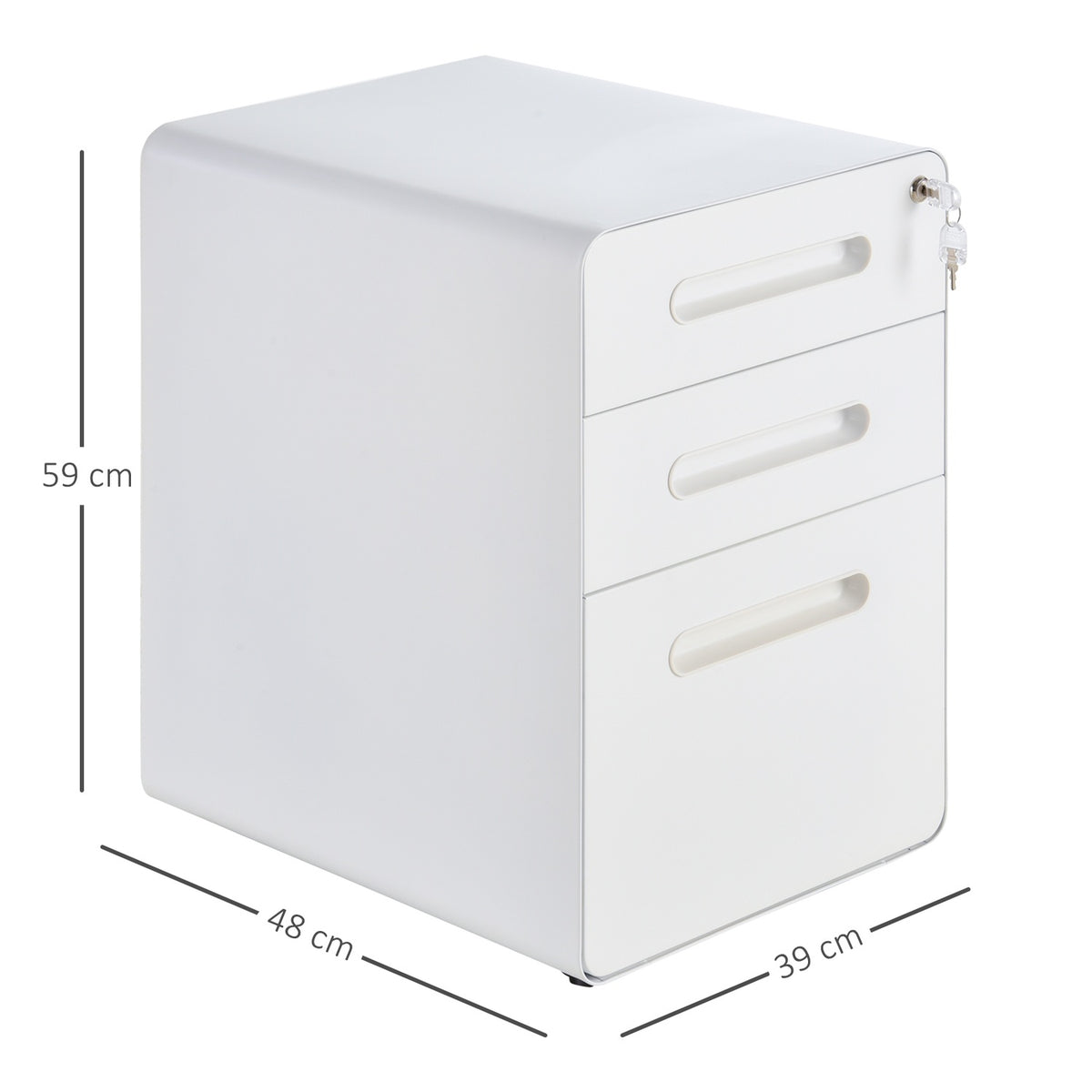 Roll container filing cabinet office container with 3 drawers, steel, white, 39x48x59cm