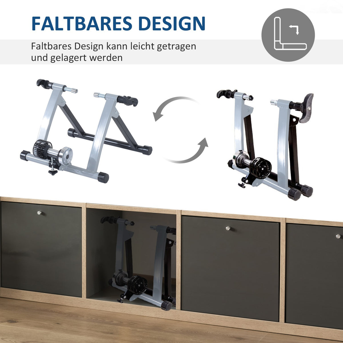 Roller Trainer Indoor Bicycle Exercise Bike, Foldable With Magnetic Brake, For 26"-28" Wheels, Steel, Silver, 54.5X47.2X39.1Cm