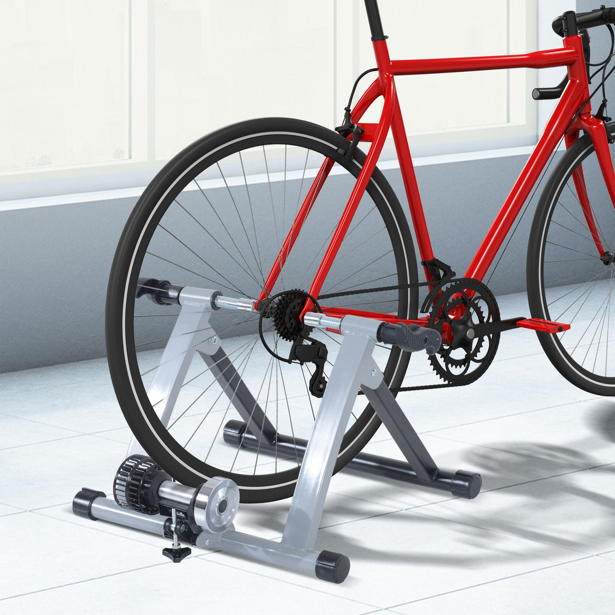 Roller Trainer Indoor Bicycle Exercise Bike, Foldable With Magnetic Brake, For 26"-28" Wheels, Steel, Silver, 54.5X47.2X39.1Cm