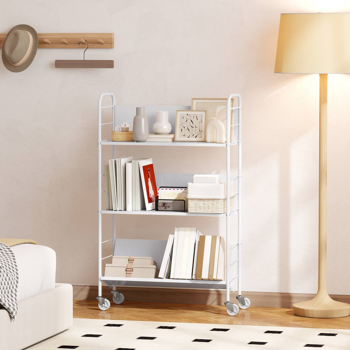 Rolling 3-Tier Metal Bookshelf, 69x26x108 cm, White