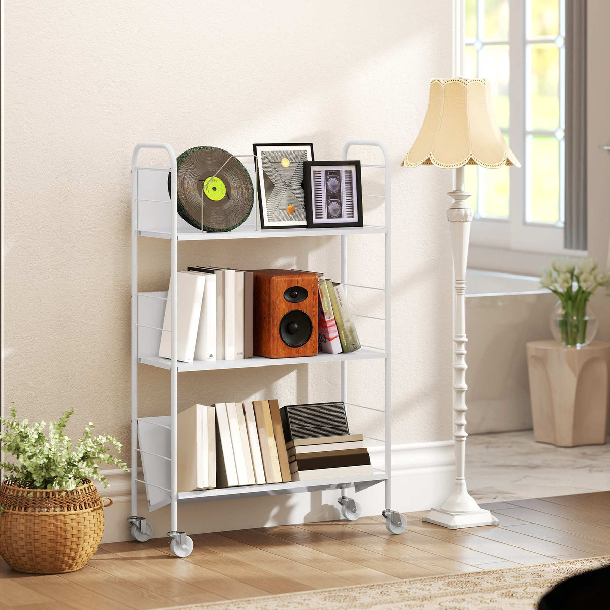 Rolling 3-Tier Metal Bookshelf, 69x26x108 cm, White
