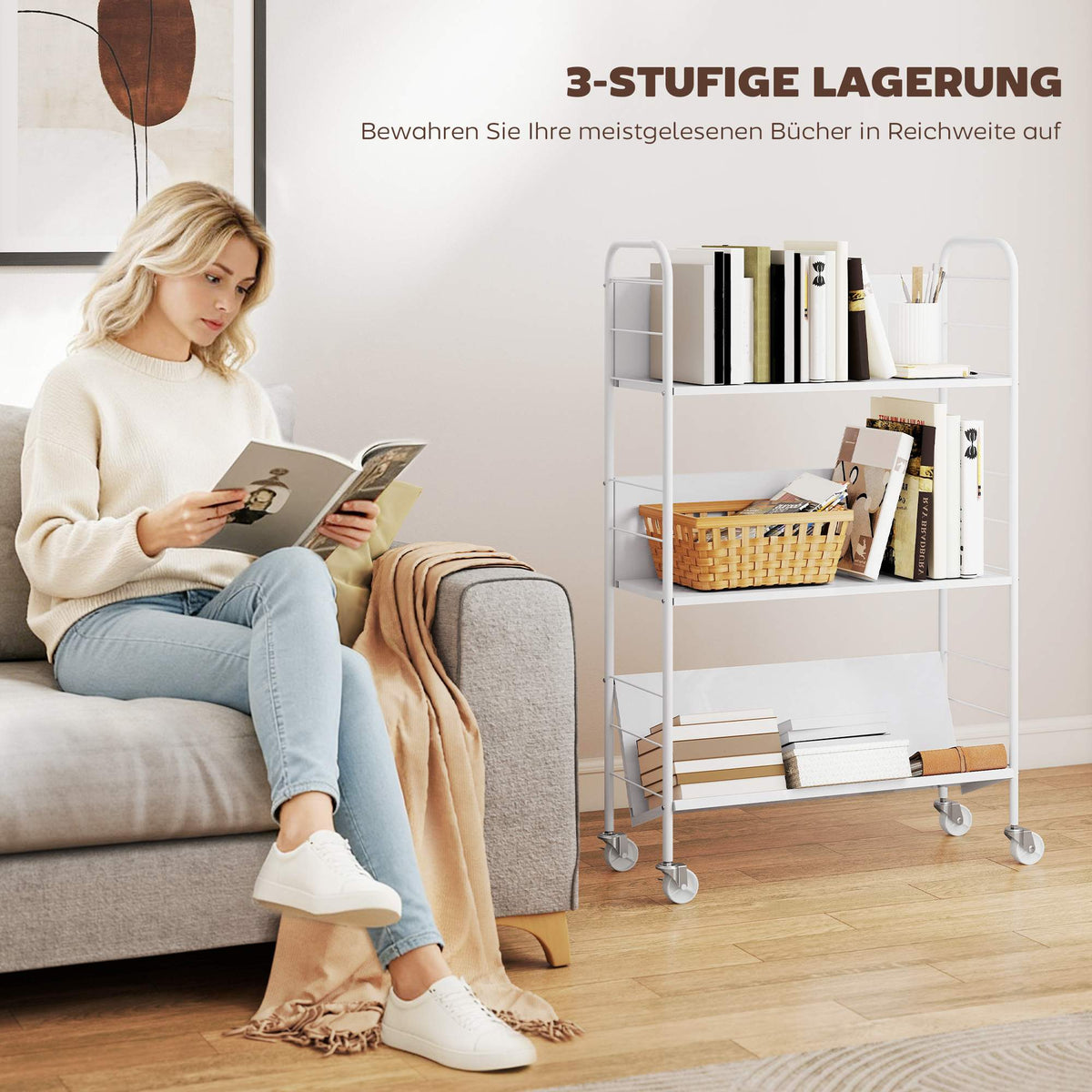 Rolling 3-Tier Metal Bookshelf, 69x26x108 cm, White